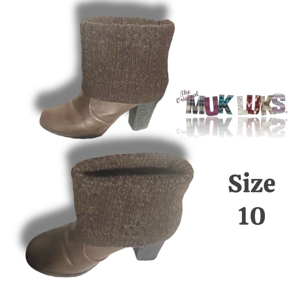 MUK LUKS Women's Chris Sweater Cuff Ankle Brown Booties with Heels Size 10 - Picture 6 of 9